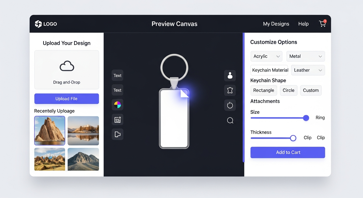 Online keychain design tool interface showing upload preview and customize workflow
