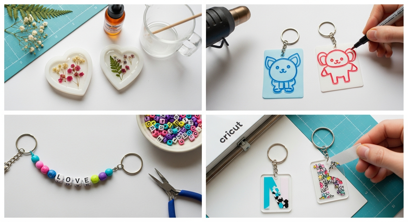 DIY custom keychain methods including resin casting shrink plastic beading and Cricut cut keychains