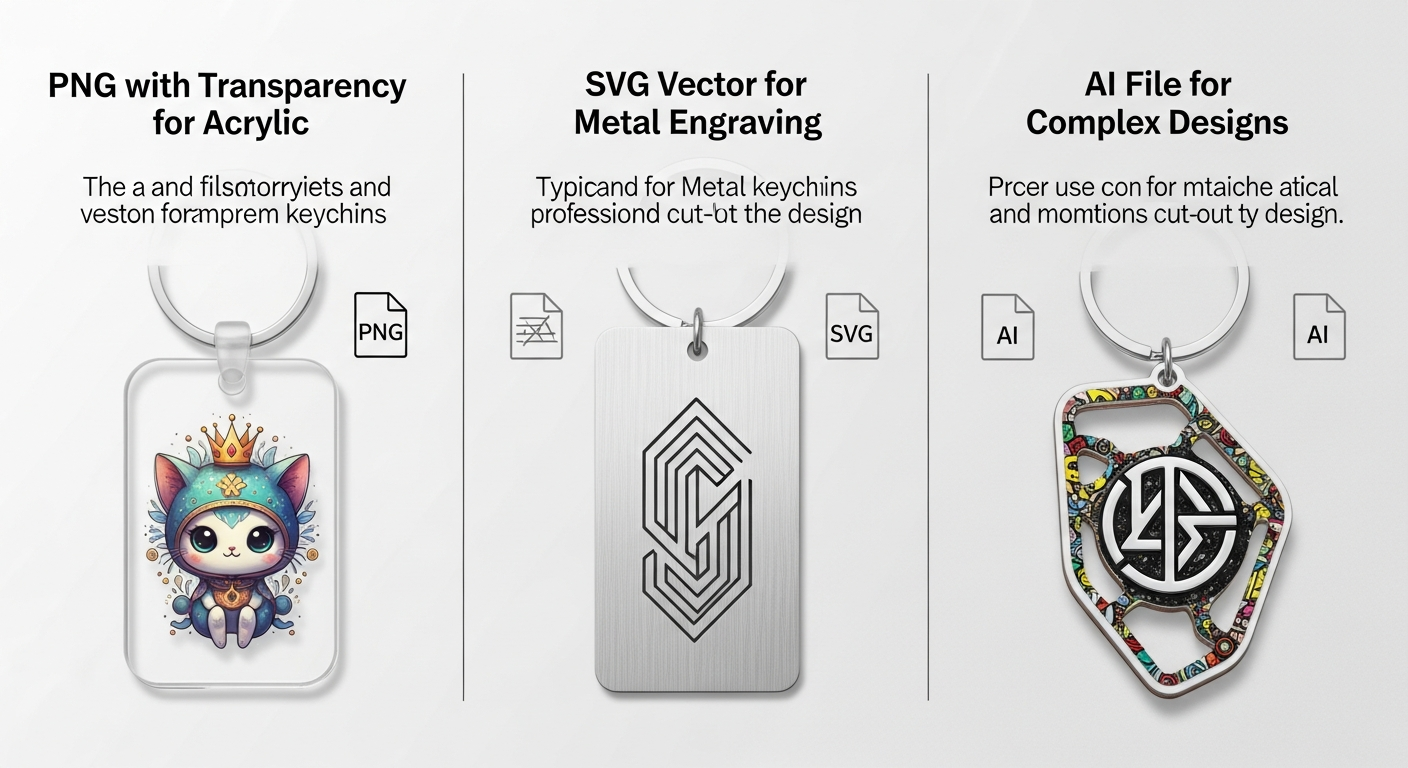 File format comparison guide for custom keychains showing PNG SVG and AI format differences