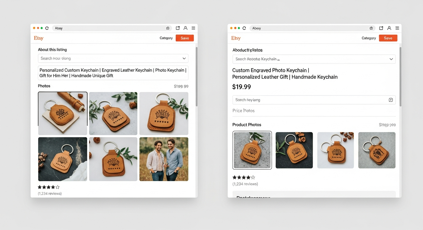 Etsy and Shopify custom keychain listing setup showing product photography titles and pricing