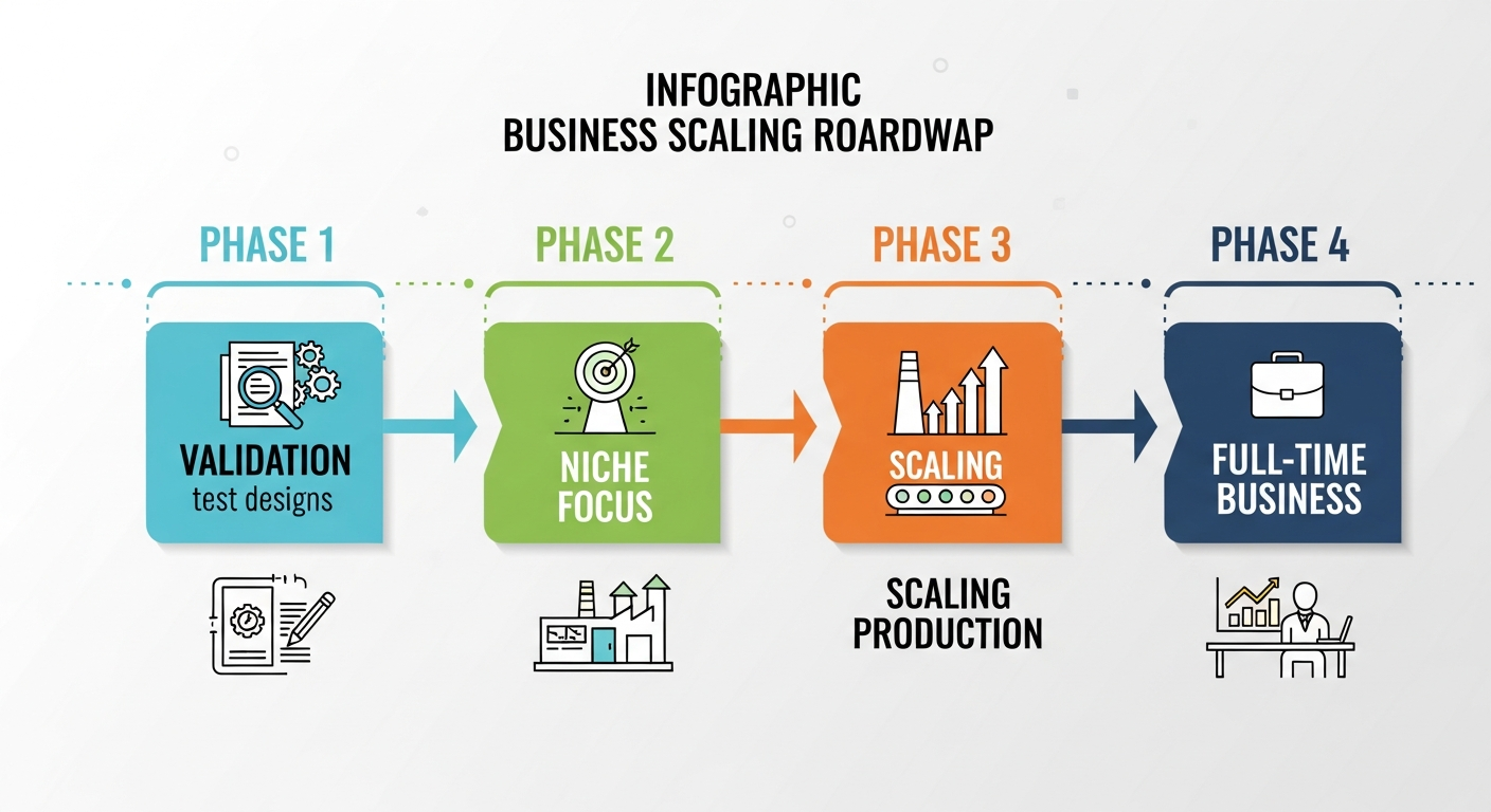 Custom keychain business scaling roadmap showing four phases from validation to full-time business