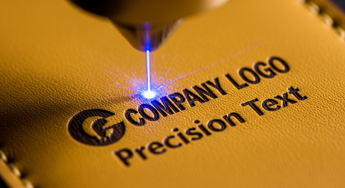 Laser engraving detail closeup on custom leather keychain showing precision text and logo