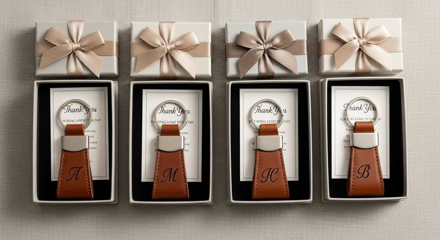 Personalized leather keychains as groomsmen gifts with engraved initials in gift box