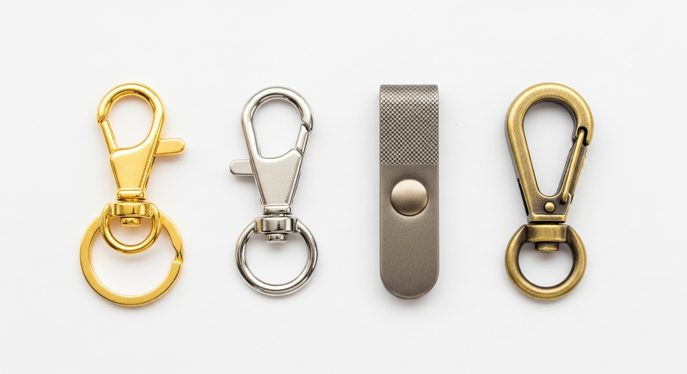 Custom leather keychain hardware options including keyring snap hook and pull-tab styles