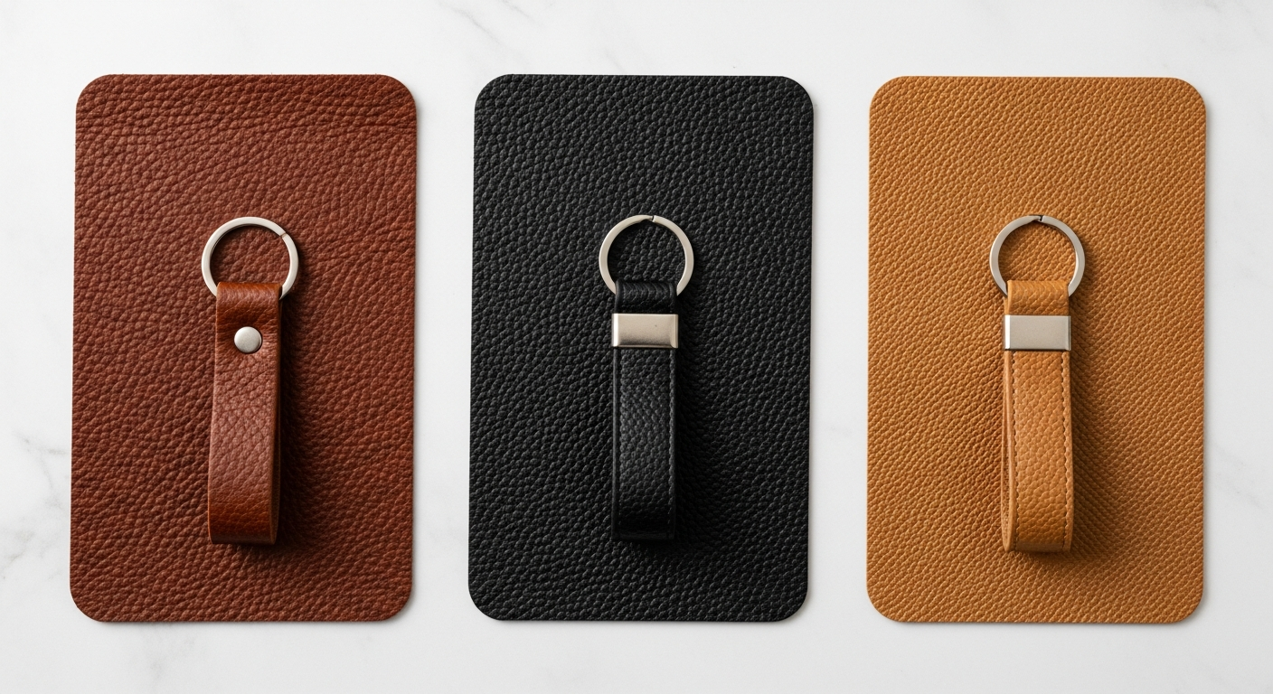 Genuine leather vegan leather and PU leather keychain material comparison samples