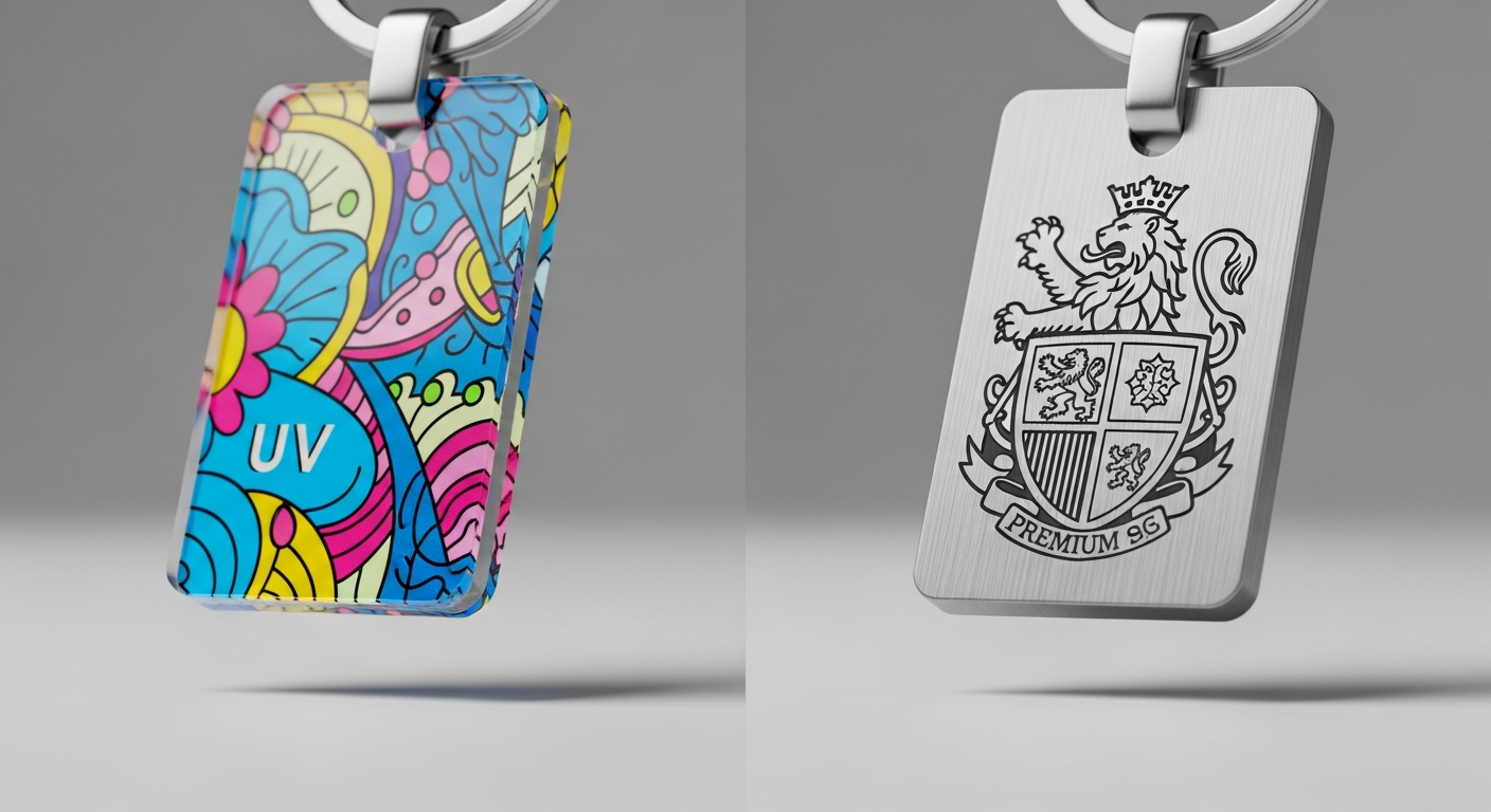 Custom acrylic keychain versus metal keychain close-up comparison showing weight texture and print quality