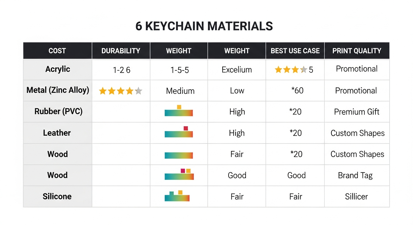 Comprehensive custom keychain material comparison table covering cost durability weight best use and print quality
