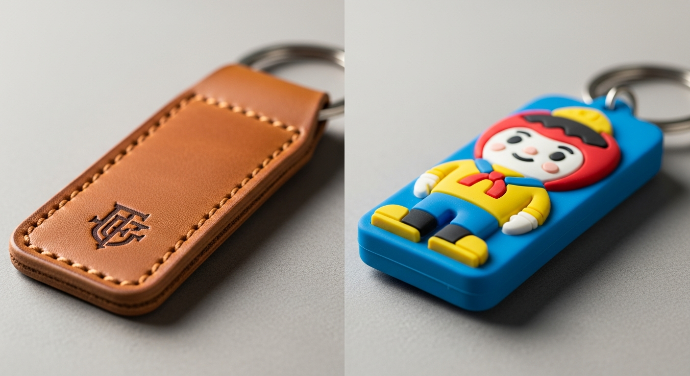 Custom leather keychain versus PVC rubber keychain comparison showing material texture flexibility and finish