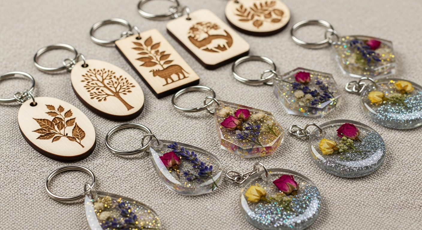 Eco-friendly wood keychains and artisan resin keychains with embedded elements and natural finishes