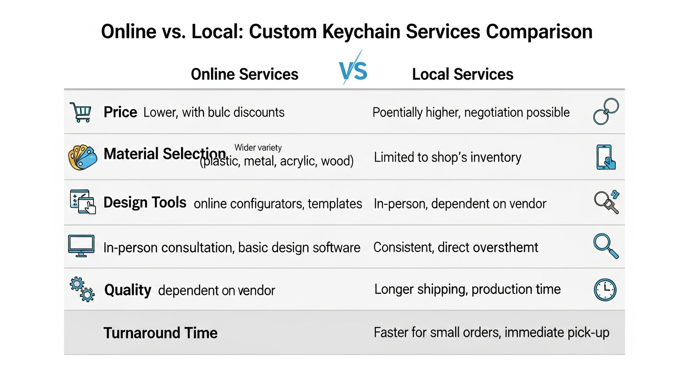 Feature comparison chart of online versus local custom keychain services covering price selection quality and turnaround