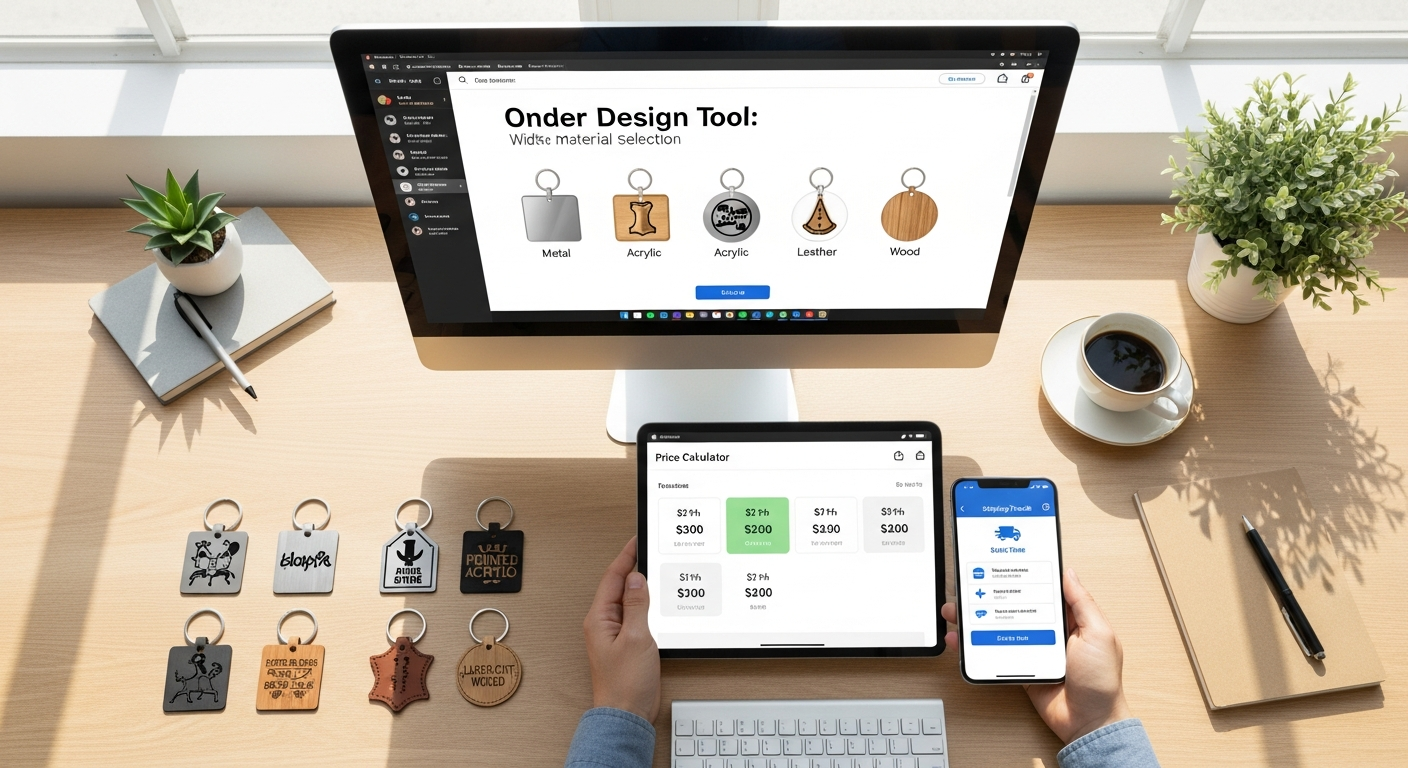 Benefits of ordering custom keychains online showing wider material selection design tools and lower prices