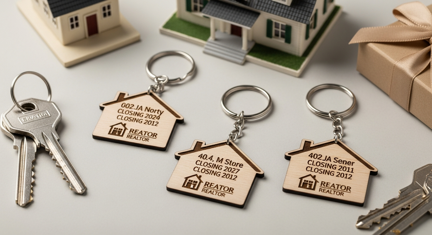Custom engraved address and date real estate closing gift keychains in house shapes with agent branding