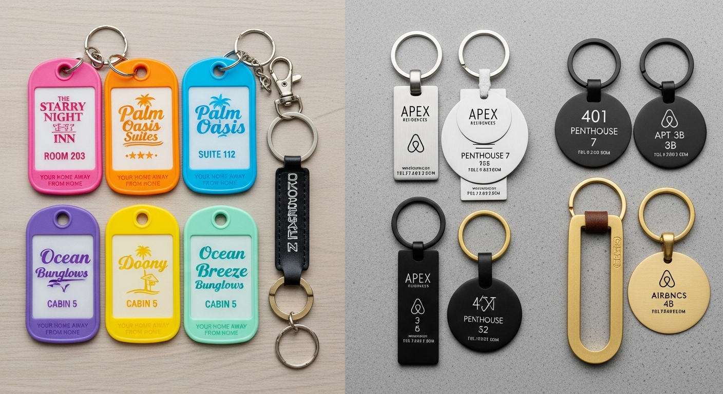 Custom hotel and Airbnb branded keychains in retro motel tag and modern metal styles