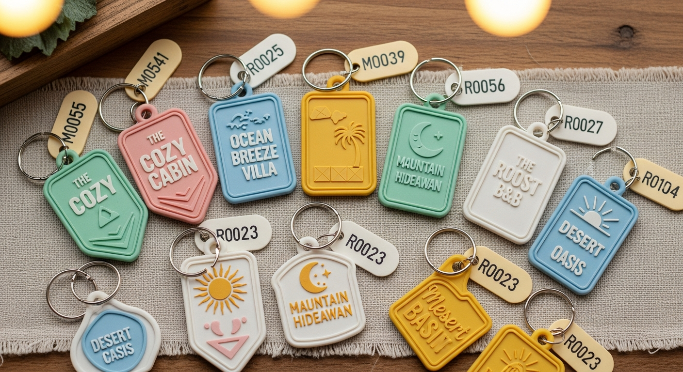Retro motel-style custom keychains used for hospitality branding vacation rentals and boutique hotels