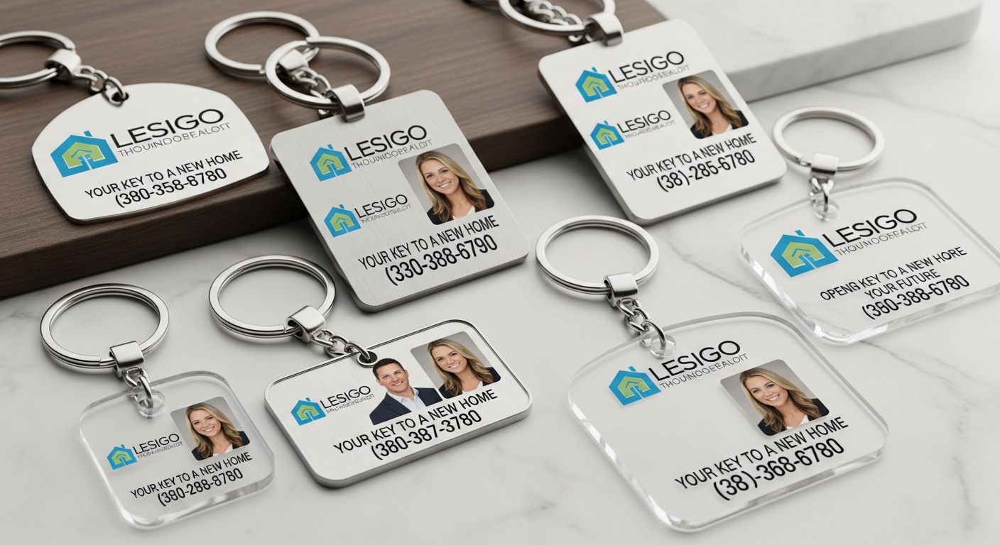 Realtor personal brand custom keychain designs with logo phone number and headshot