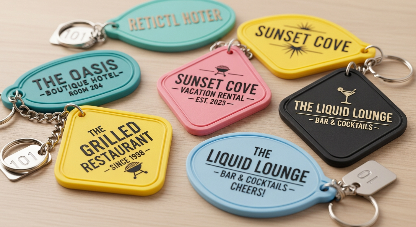 Branded retro motel style keychains used for business branding hospitality and promotional gifts