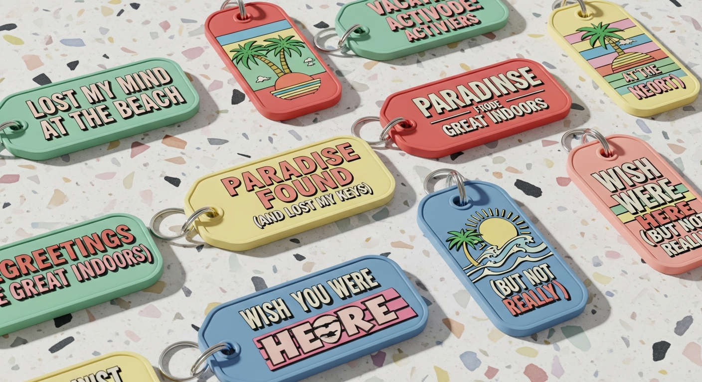 Modern custom motel tag keychains with retro typography pastel colors and nostalgic vacation themes