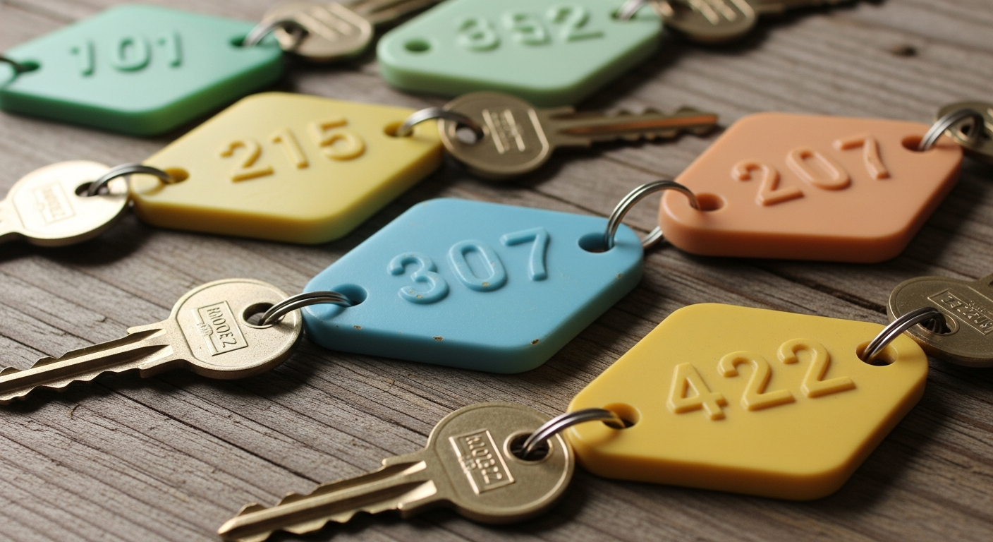 Vintage motel key tags from the 1950s through 1970s showing original designs that inspired modern custom keychains