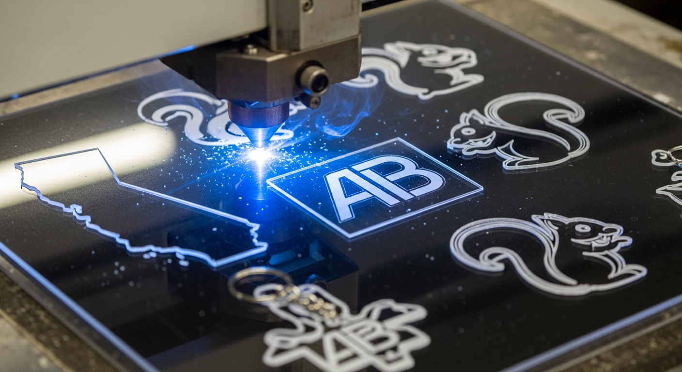 Die-cut custom acrylic keychains being produced in various shapes including state logo and mascot