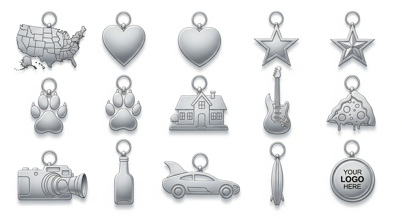 Grid of popular custom keychain shapes including state outlines logo silhouettes mascots and food items
