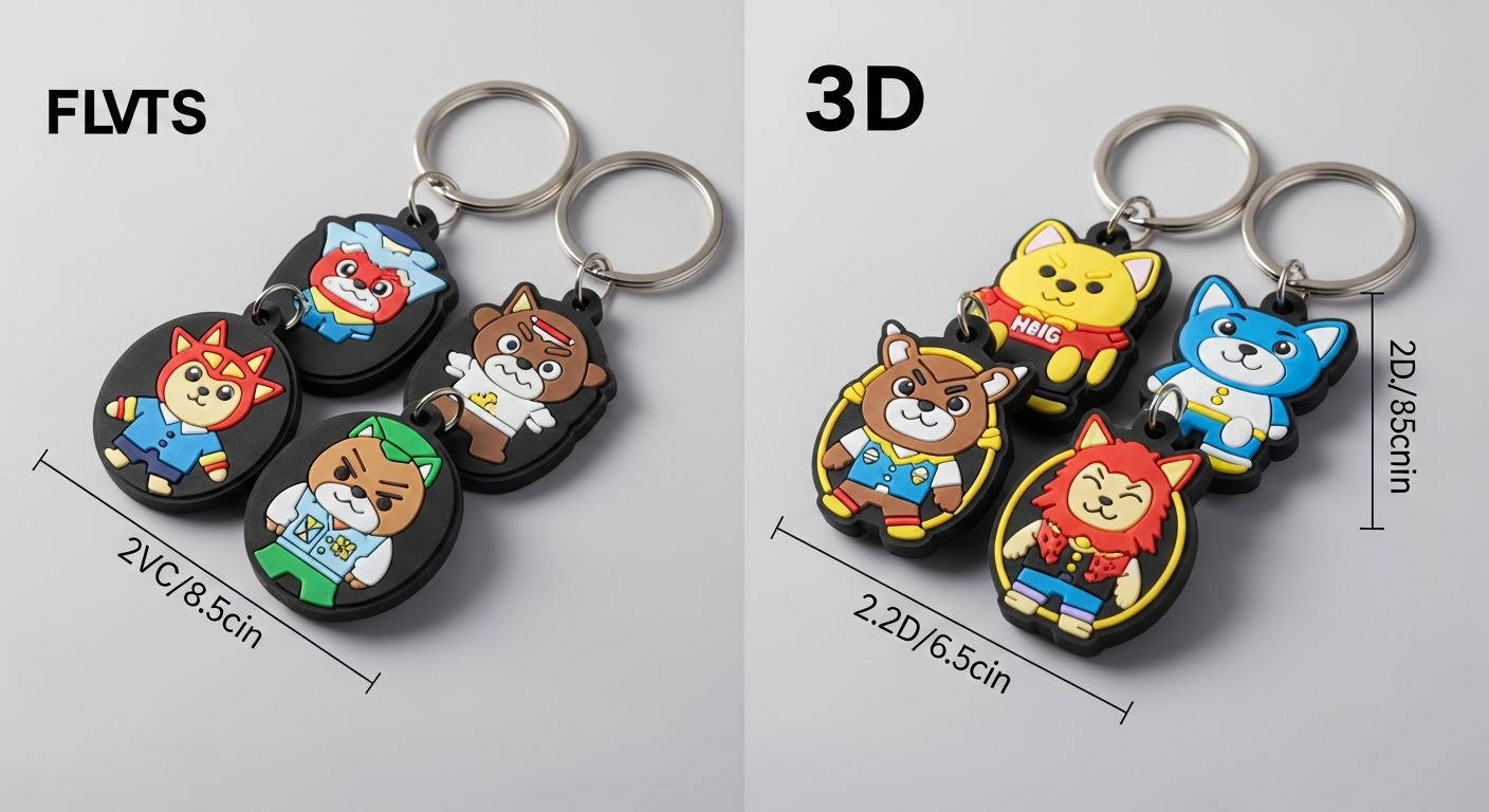 2D versus 3D PVC and rubber custom shaped keychains side by side comparison