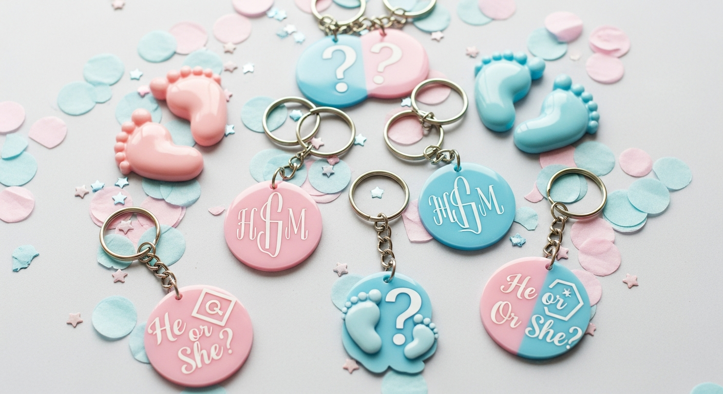 Custom baby shower keychain favors with pastel themes gender reveal designs and baby name monograms