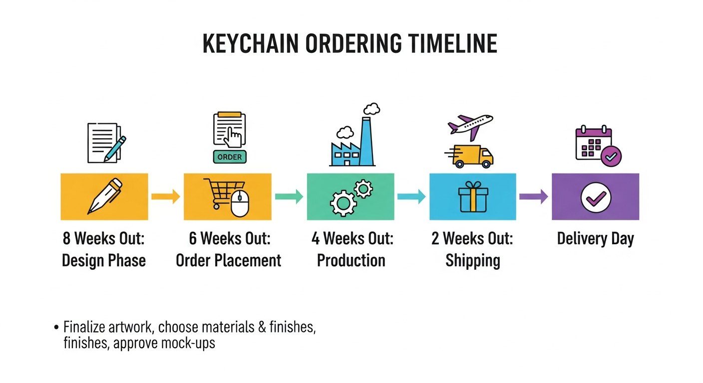 Event keychain ordering timeline infographic showing 8-week planning schedule from design to delivery