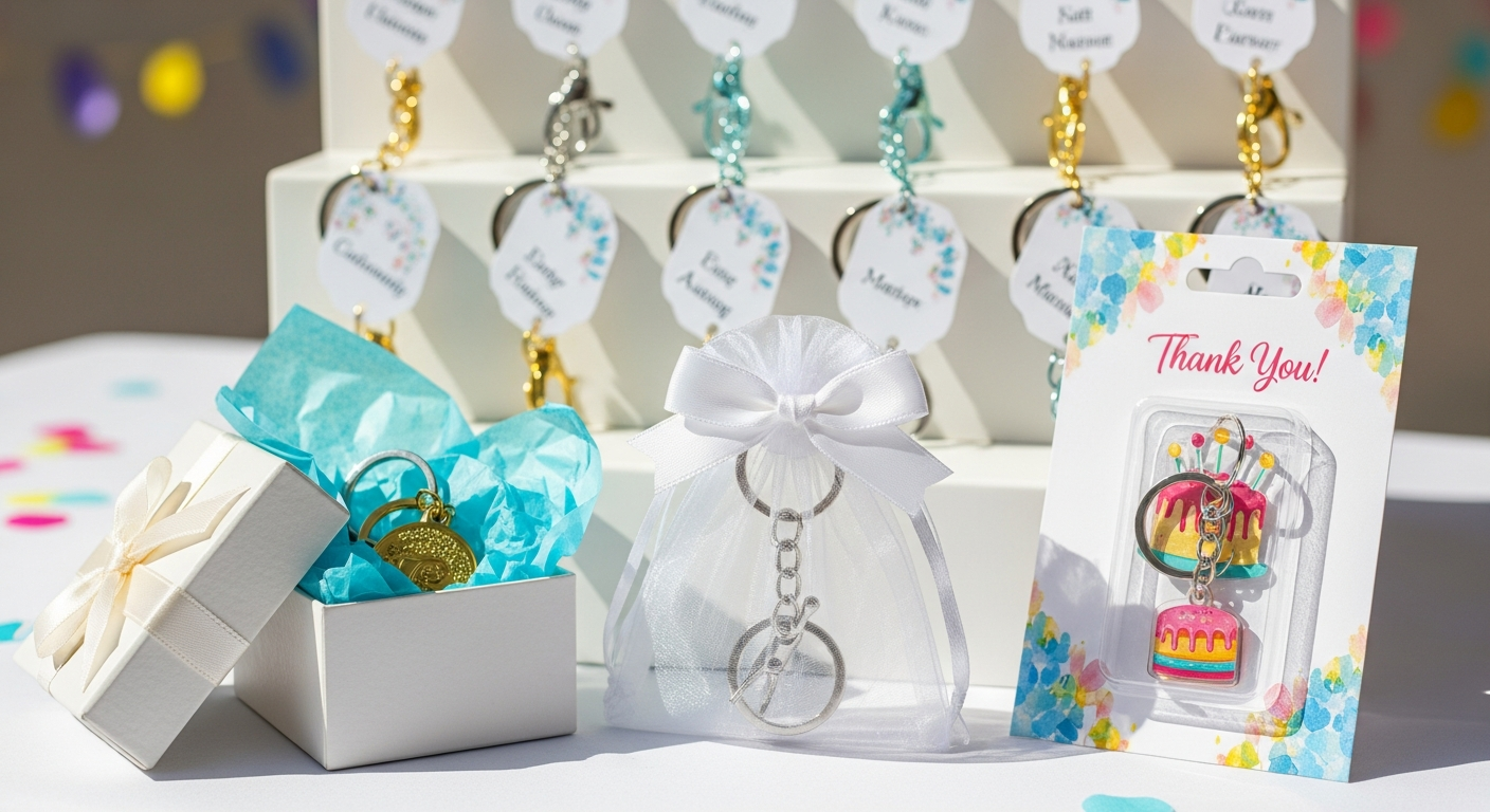 Creative packaging and presentation ideas for custom keychain party favors with ribbons tags and boxes