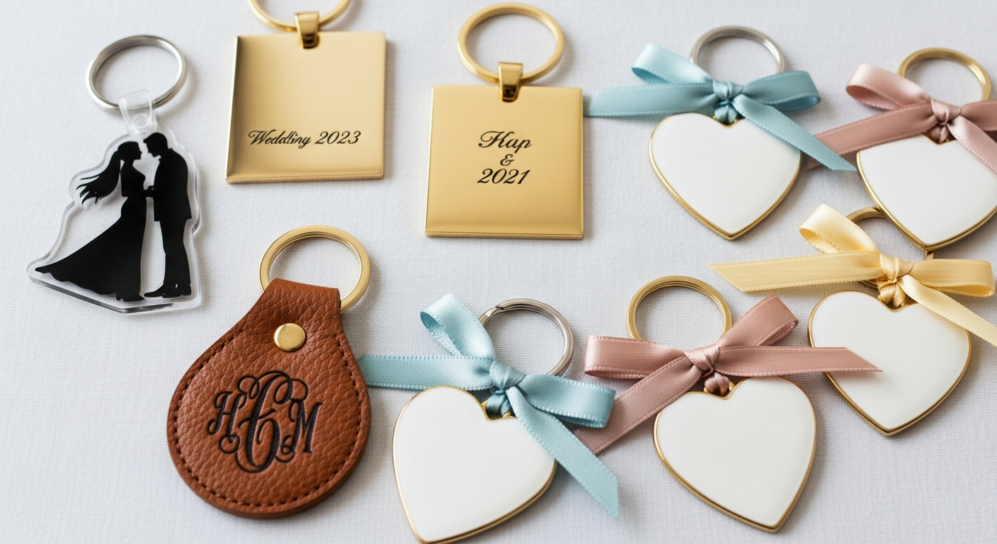 Custom wedding keychain favor ideas in acrylic metal and leather with couple names and date