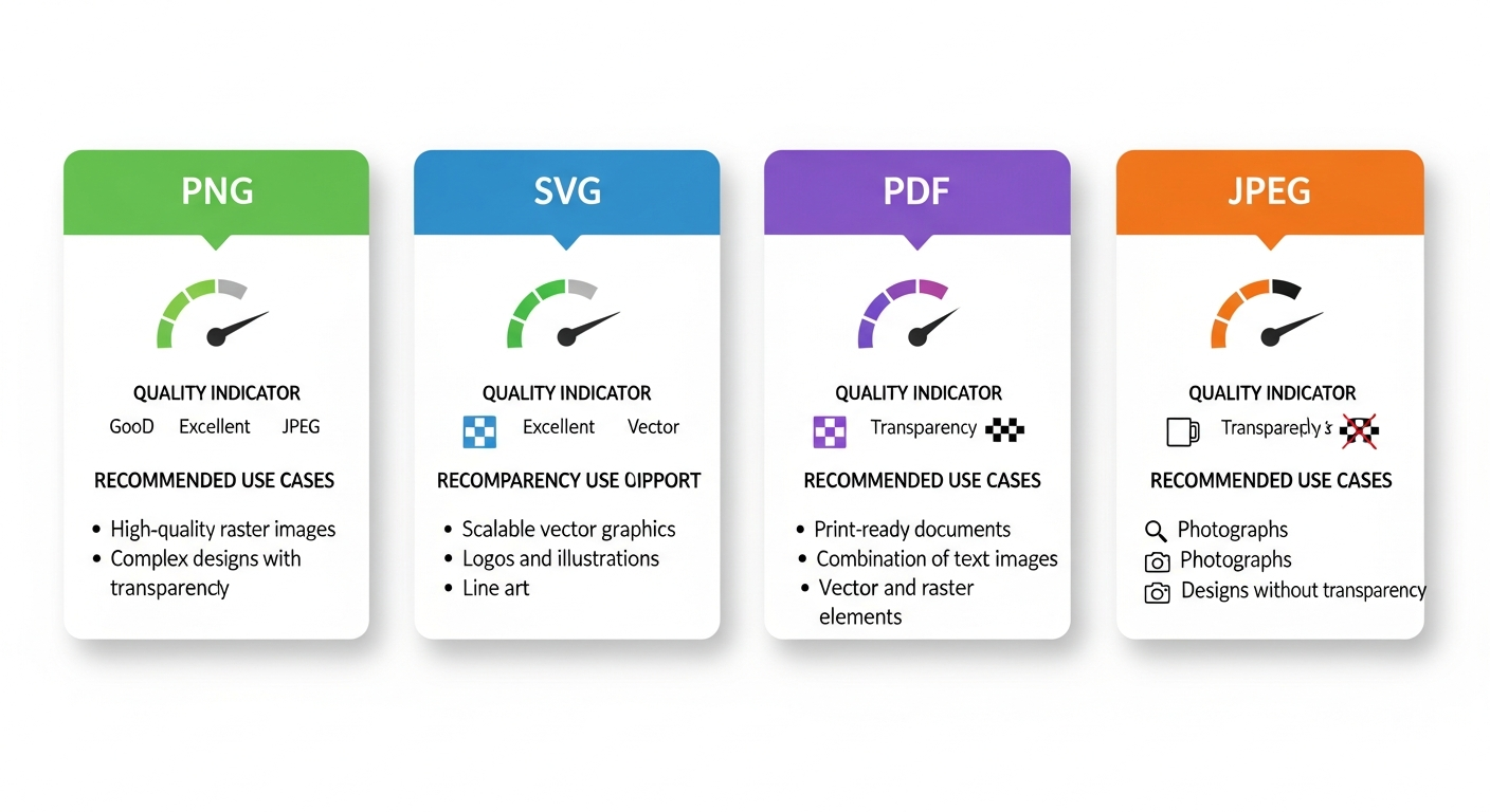 Comparison chart of PNG SVG PDF and JPEG file formats for custom mug printing with quality indicators