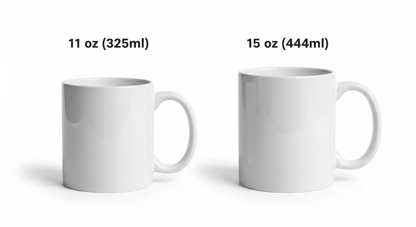 Side by side comparison of 11 ounce and 15 ounce custom ceramic mugs with dimension labels