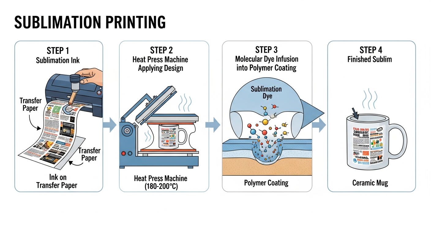 Sublimation printing process diagram showing heat press ink transfer and polymer infusion steps