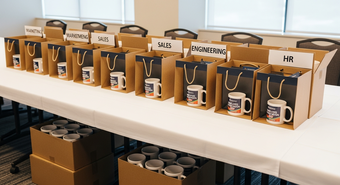 Organized custom mug distribution setup at corporate event with labeled boxes and gift bag stations