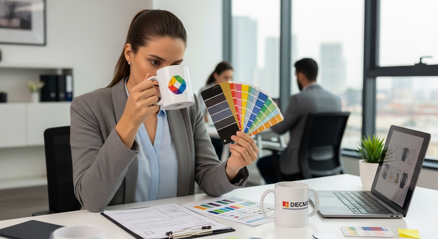 Team manager inspecting bulk custom mug order checking print quality color accuracy and packaging condition