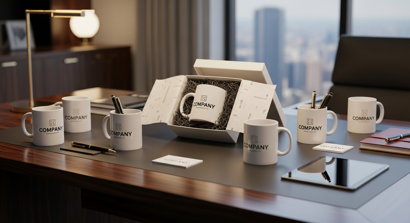 Corporate branded custom mugs arranged in professional gift setting with company logos and premium packaging