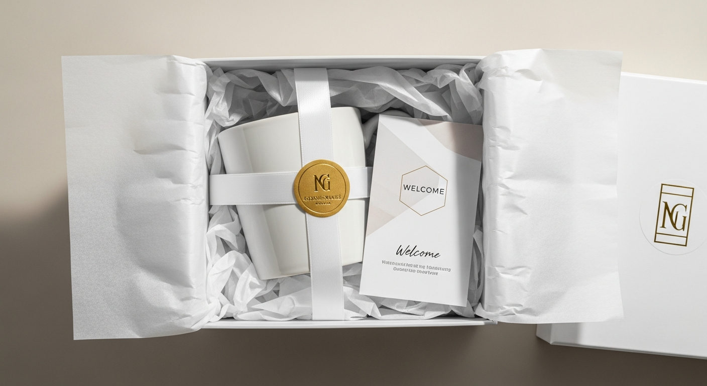 Premium corporate mug in branded gift box with tissue paper sticker seal and welcome card insert