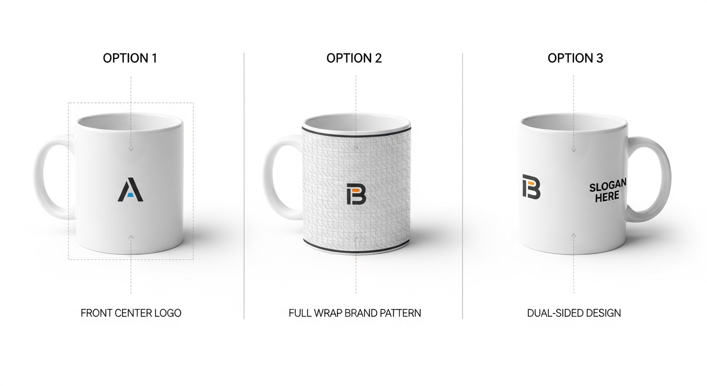 Mug diagram showing front center full wrap and dual side logo placement options for corporate branding