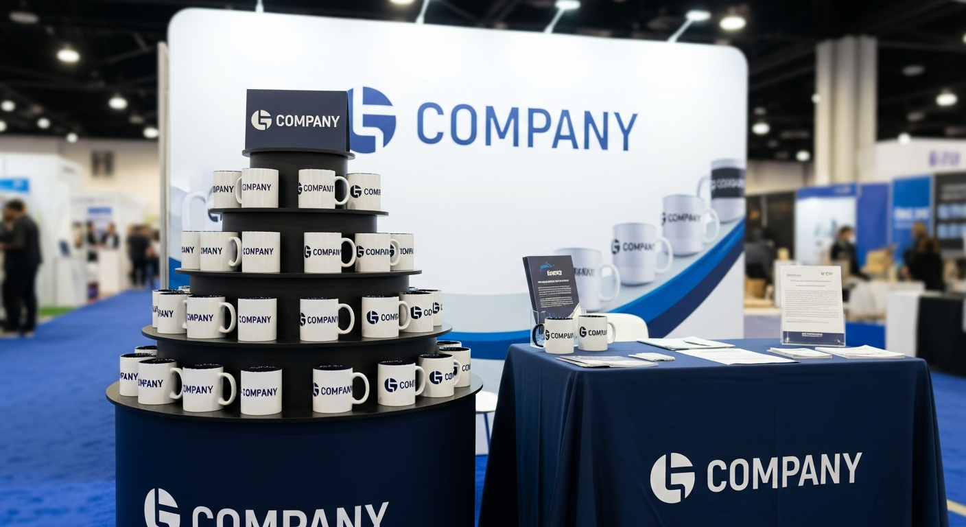 Custom branded mugs displayed at trade show booth with company branding and promotional signage
