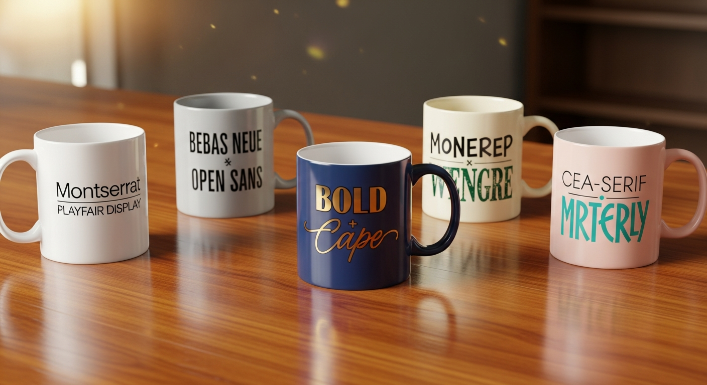 Five custom mug font pairing examples showing sans serif serif and script combinations on ceramic mugs