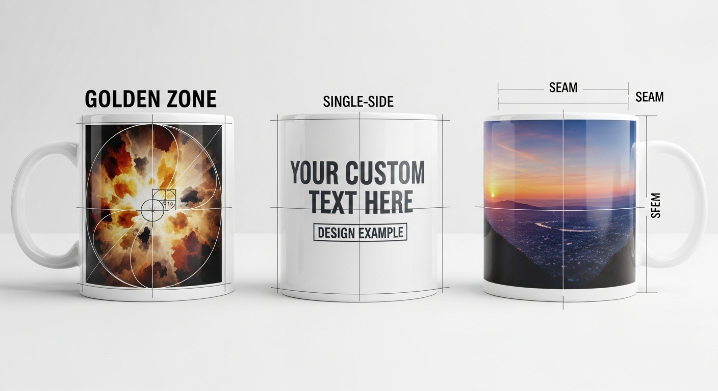 Three custom mug layout examples showing golden zone placement single side and full wrap compositions