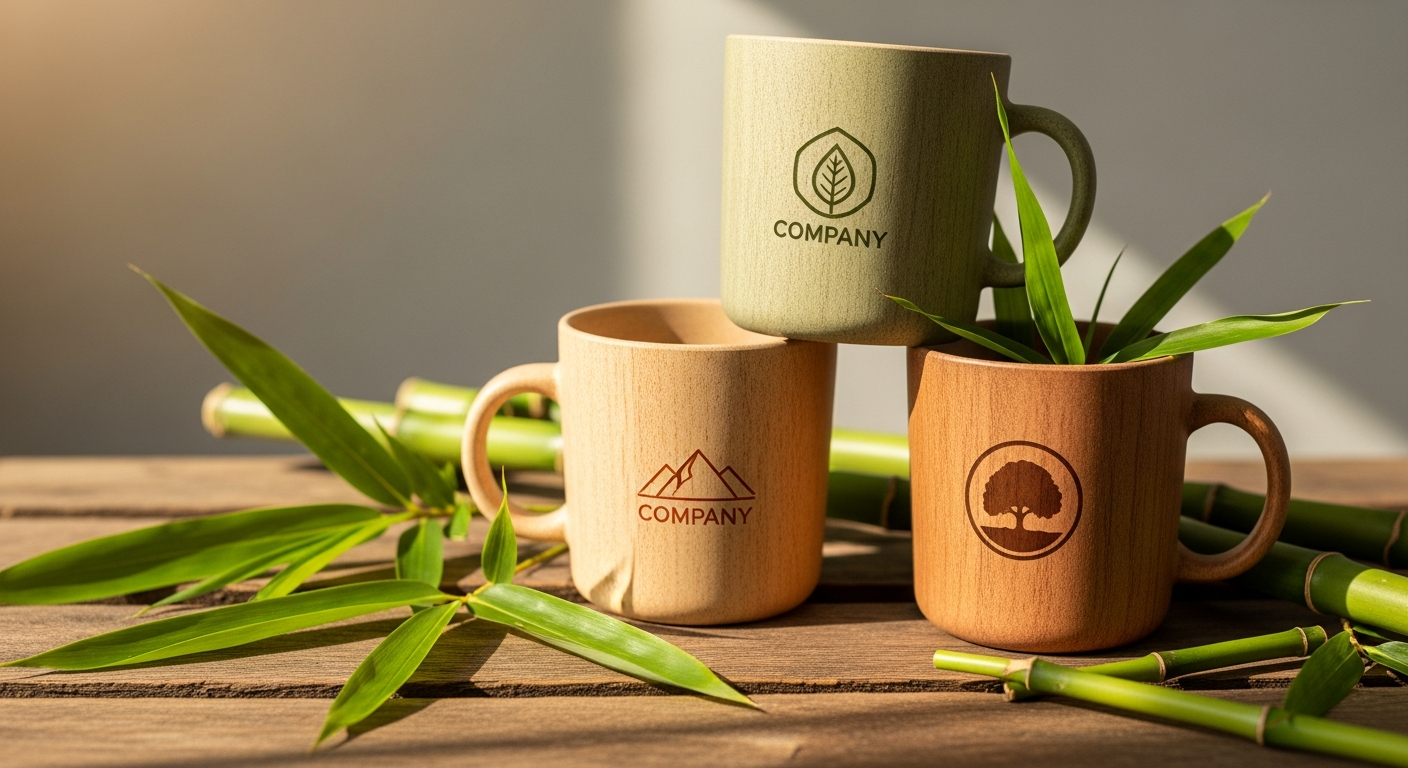 Bamboo fiber composite custom mugs showing natural texture with printed company logos in earth tones