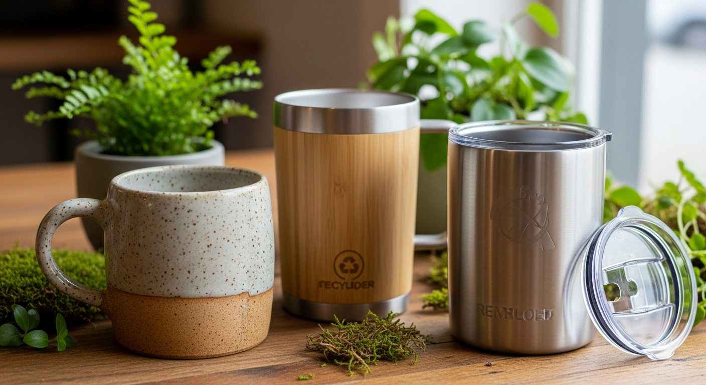 Eco-friendly custom mugs made from recycled ceramic and bamboo fiber with natural earth tone designs