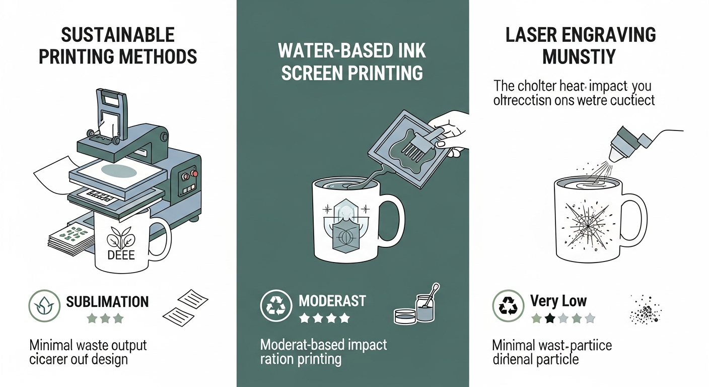 Comparison of sustainable mug printing methods showing sublimation water-based ink and laser engraving processes
