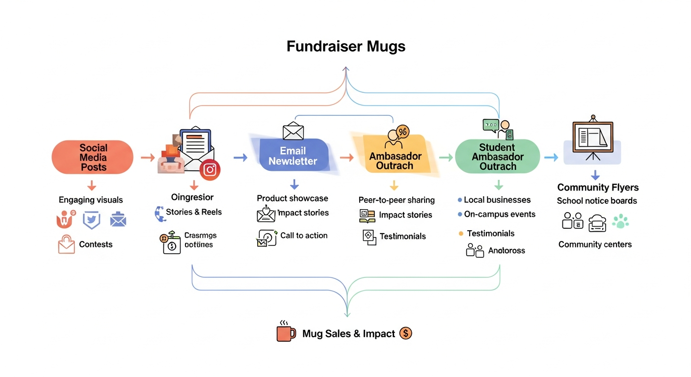 Fundraiser mug marketing campaign plan showing social media email and ambassador distribution channels