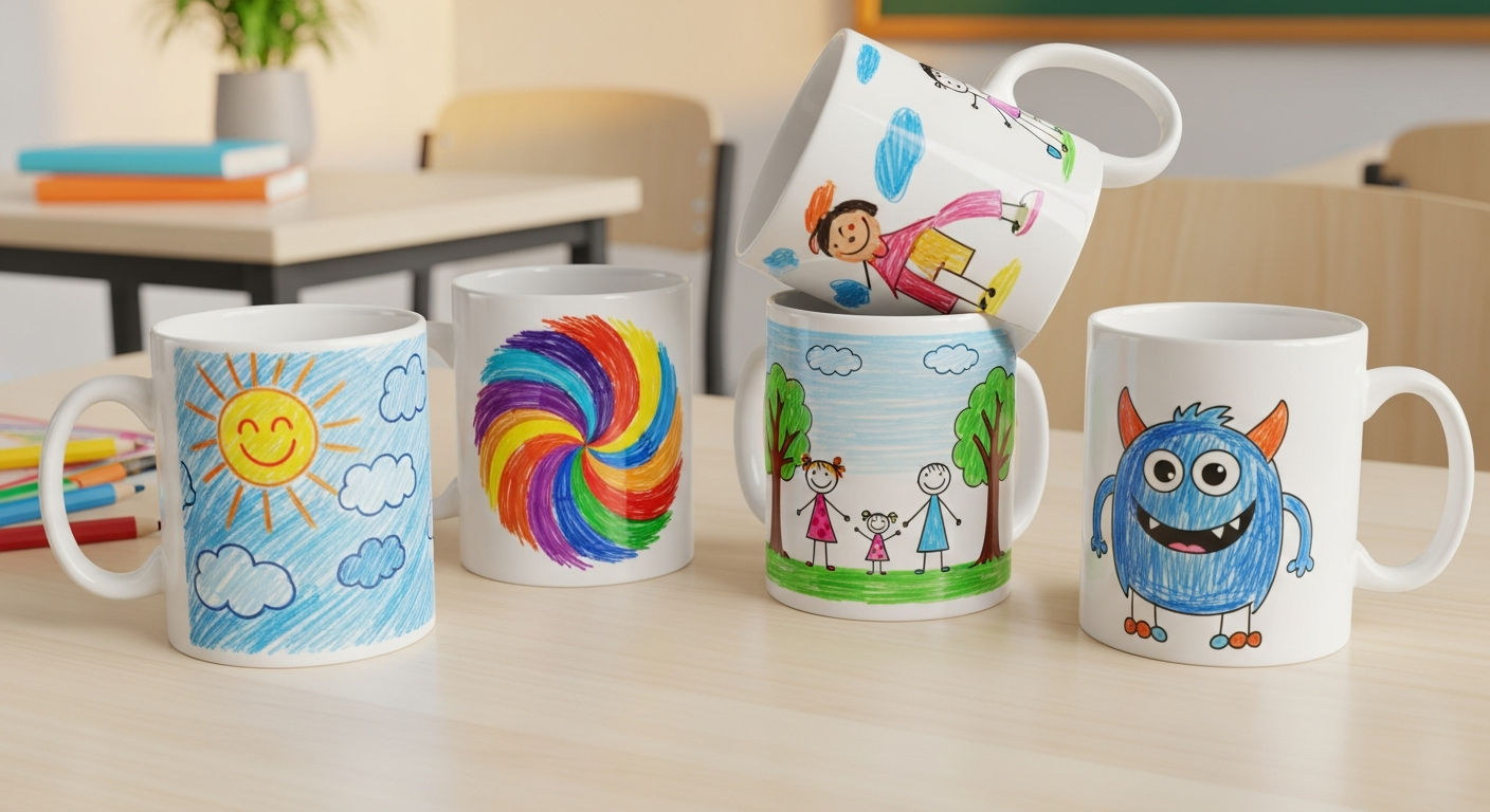Custom mugs featuring student artwork with childrens drawings printed on ceramic for school fundraiser