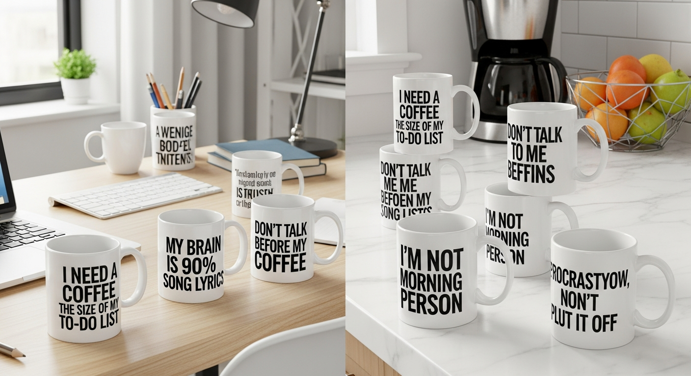 Collection of funny custom mugs with humorous quotes displayed on office desk and kitchen counter