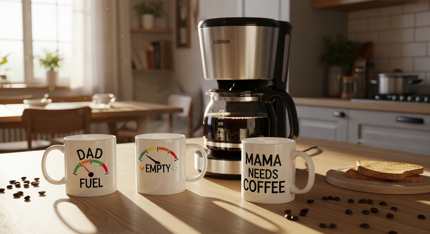 Funny parenting quote mugs featuring dad fuel and mama needs coffee designs in kitchen setting