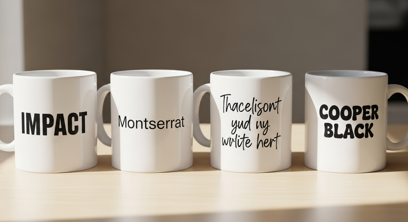 Four custom mugs showing different typography styles for humorous quotes including bold sans serif and handwritten