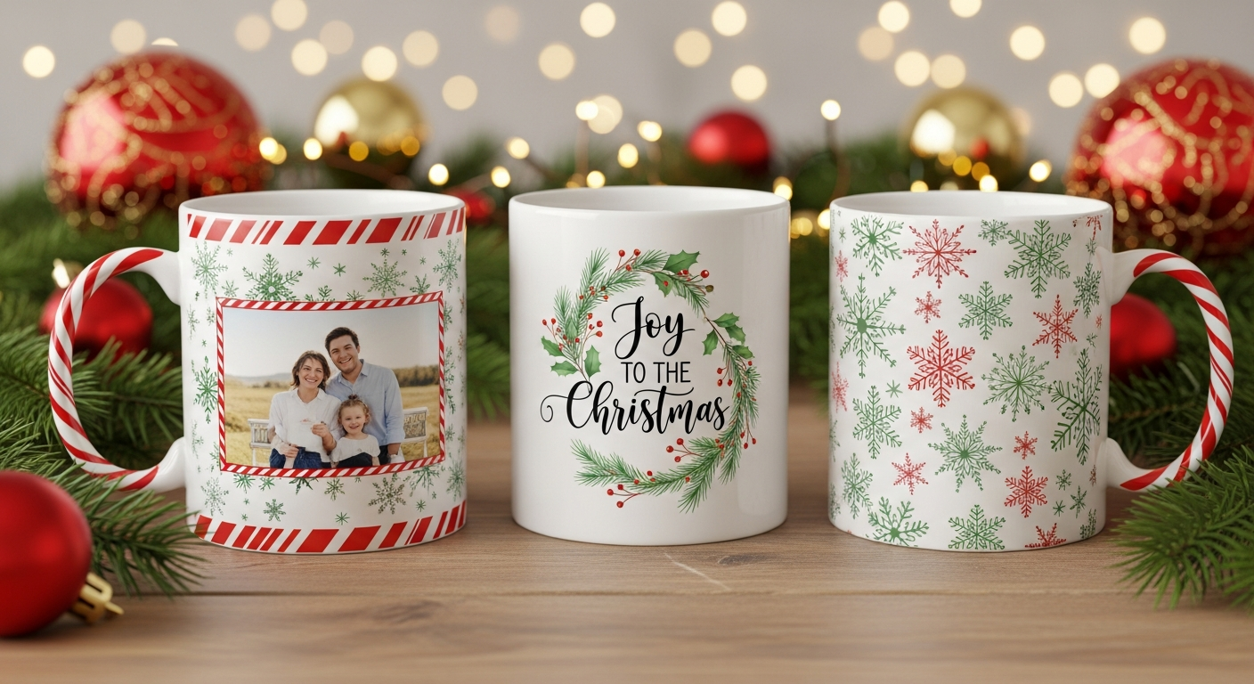 Custom Christmas holiday mugs with festive designs including family photos snowflakes and seasonal quotes