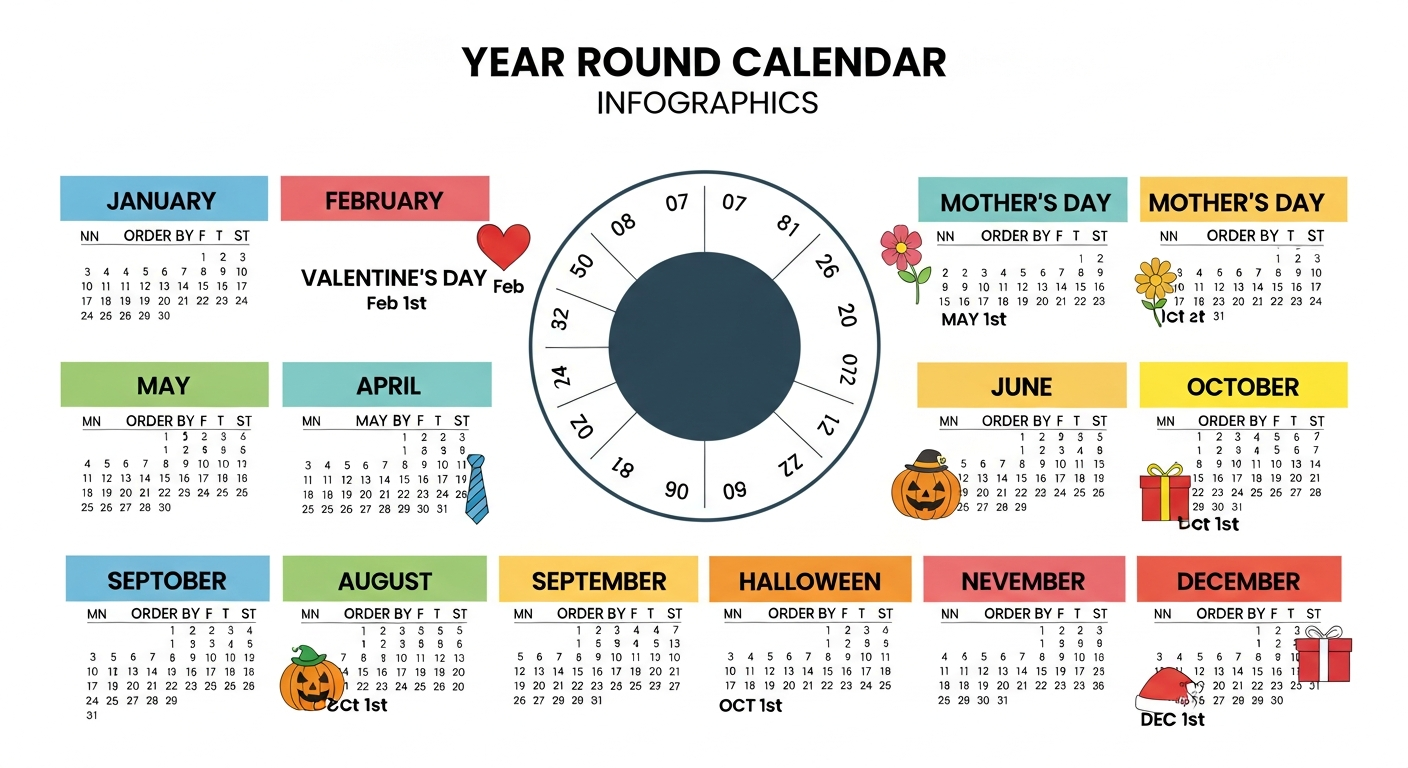 Year-round custom mug gifting calendar showing design themes and ordering deadlines for each holiday